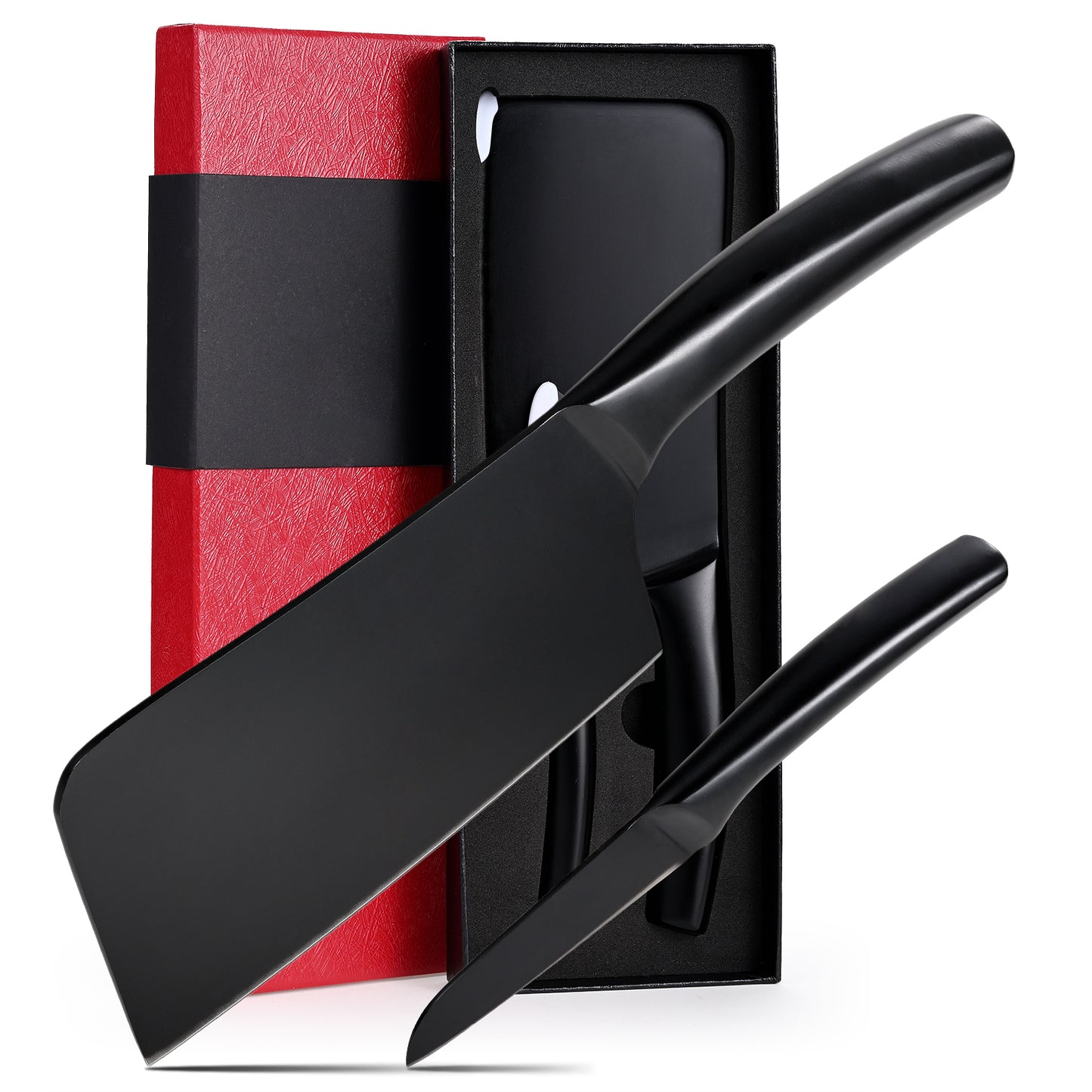 SHI BA ZI ZUO Chopping Knife and Fruit Knife,Black Ti Coating Kitchen Knife Set Meat Bone Chopper Meat Knife Paring Knife with Anti-Slip Hollow Handle