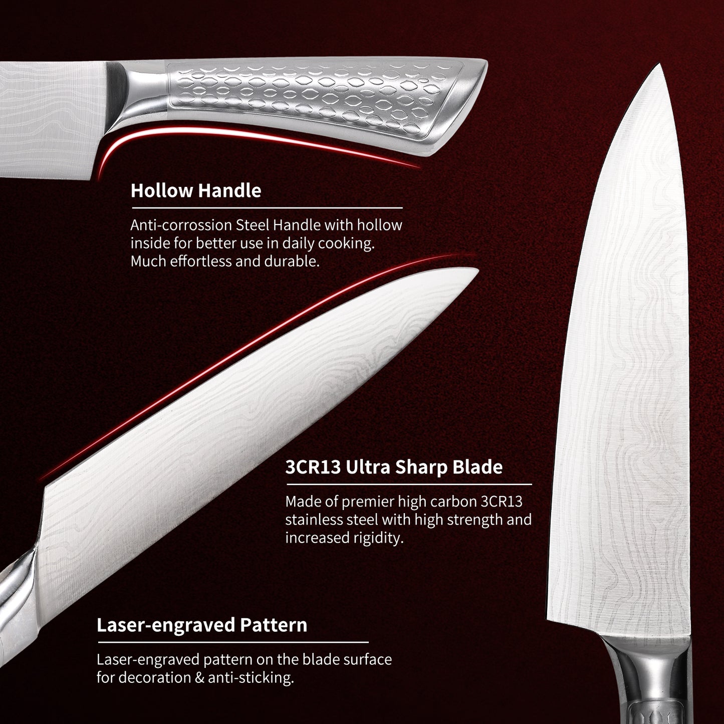 SHI BA ZI ZUO Chef Knife 10 inch Kitchen Knife Damascus Pattern Stainless Steel with Non-slip Hollow Handle