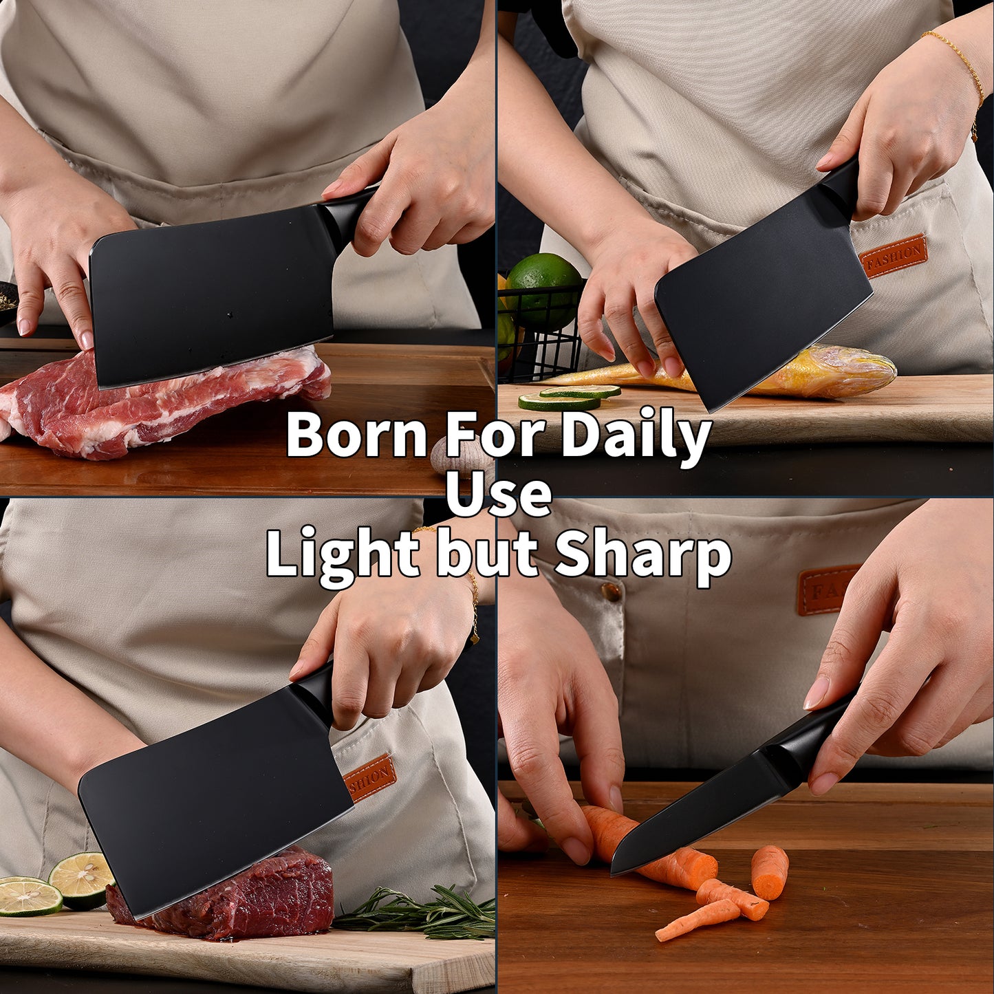 SHI BA ZI ZUO Chopping Knife and Fruit Knife,Black Ti Coating Kitchen Knife Set Meat Bone Chopper Meat Knife Paring Knife with Anti-Slip Hollow Handle