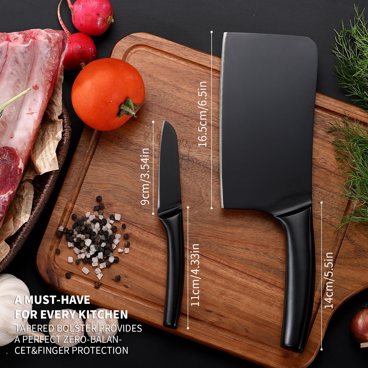 SHI BA ZI ZUO Chopping Knife and Fruit Knife,Black Ti Coating Kitchen Knife Set Meat Bone Chopper Meat Knife Paring Knife with Anti-Slip Hollow Handle
