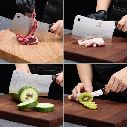 Kitchen knife set, butcher knife and fruit knife 2-piece set, professional chef's knife, kitchen knife, cleaver, Damascus pattern vegetable knife, paring knife, wooden handle, gift box