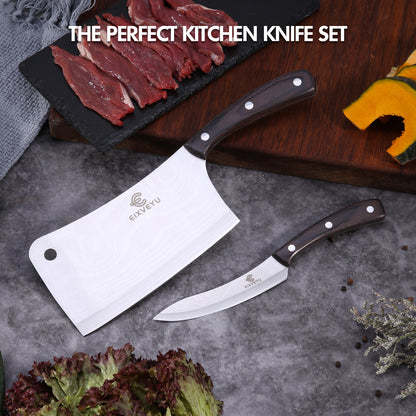 Kitchen knife set, butcher knife and fruit knife 2-piece set, professional chef's knife, kitchen knife, cleaver, Damascus pattern vegetable knife, paring knife, wooden handle, gift box