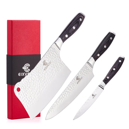 Kitchen knife set, butcher knife, chef's knife, and fruit knife 3-piece set, professional kitchen knife, forged vegetable knife, meat knife, paring knife, wooden handle, gift box