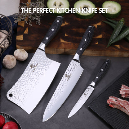 Kitchen knife set, butcher knife, chef's knife, and fruit knife 3-piece set, professional kitchen knife, forged vegetable knife, meat knife, paring knife, wooden handle, gift box
