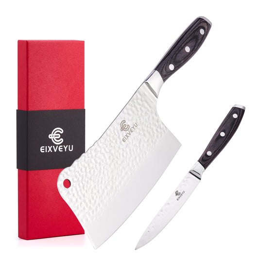 Kitchen knife set, butcher knife and fruit knife 2-piece set, professional chef's knife, kitchen knife, cleaver, forged vegetable knife, paring knife, wooden handle, gift box