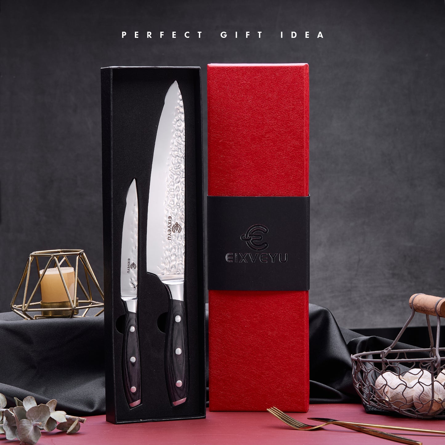 Chef's knife and fruit knife 2-piece set, kitchen knife set, professional chef's knife kitchen knife, forged vegetable knife meat knife paring knife, wooden handle, gift box