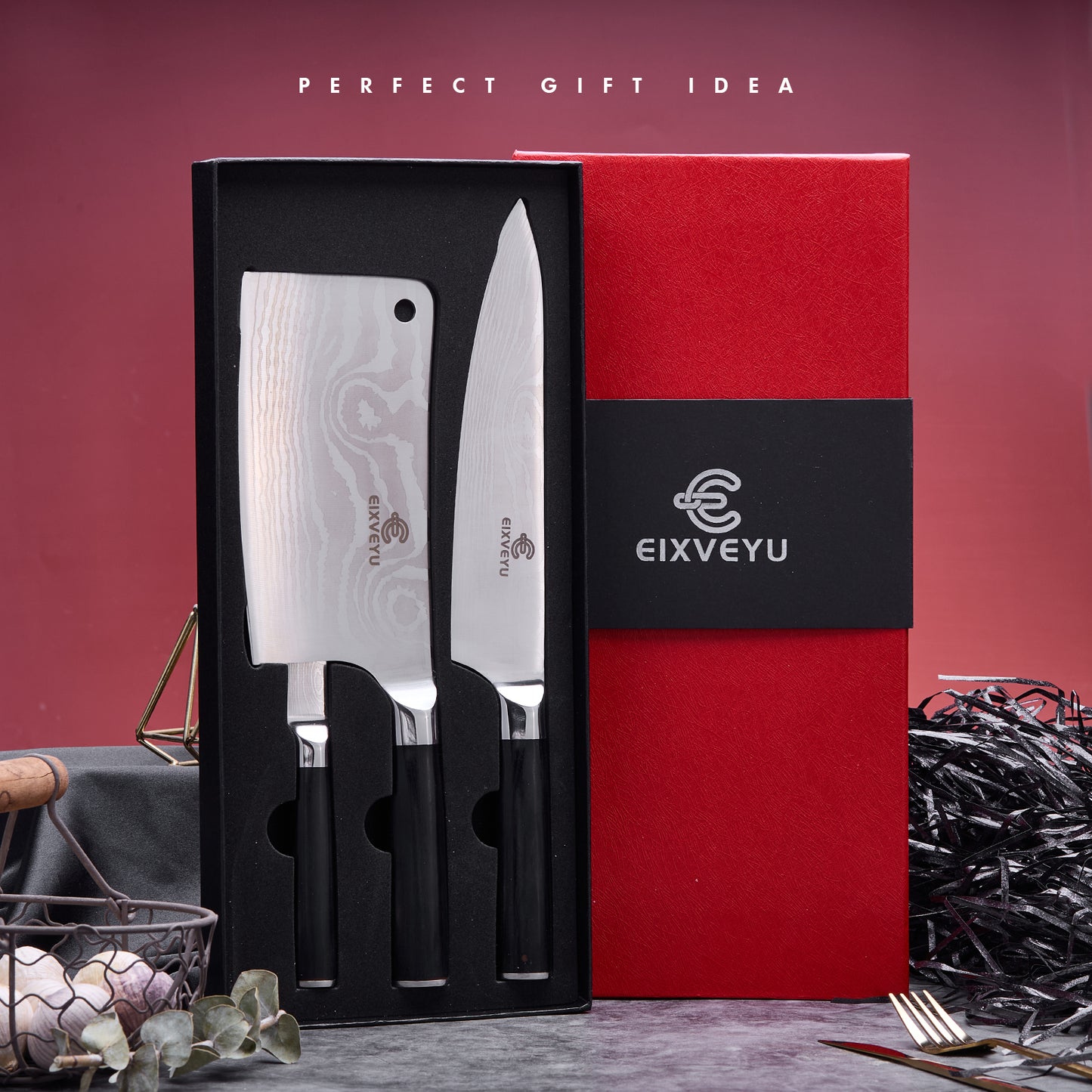 Kitchen knife set, butcher knife, chef's knife, and fruit knife 3-piece set, professional kitchen knife, Damascus pattern vegetable knife, meat knife, paring knife, wooden handle, gift box