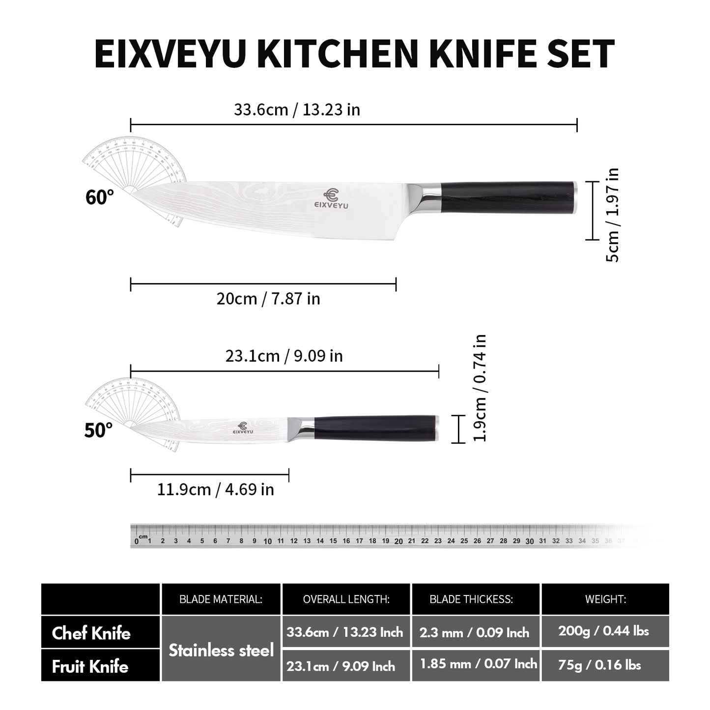 Chef's knife and fruit knife 2-piece set, kitchen knife set, professional chef's knife kitchen knife, Damascus pattern vegetable knife meat knife paring knife, stainless steel handle, gift box