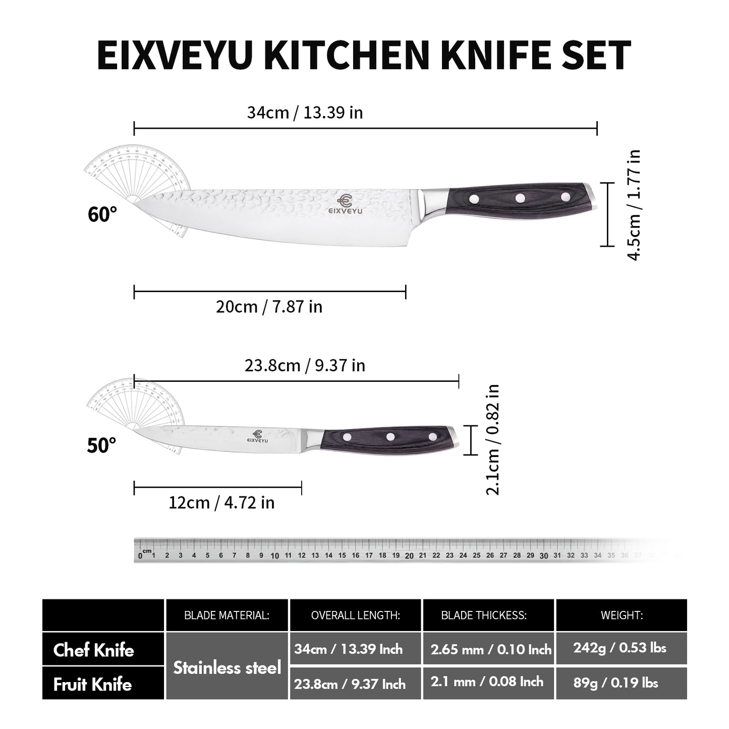 Chef's knife and fruit knife 2-piece set, kitchen knife set, professional chef's knife kitchen knife, forged vegetable knife meat knife paring knife, wooden handle, gift box