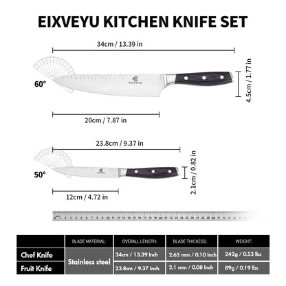 Chef's knife and fruit knife 2-piece set, kitchen knife set, professional chef's knife kitchen knife, forged vegetable knife meat knife paring knife, wooden handle, gift box