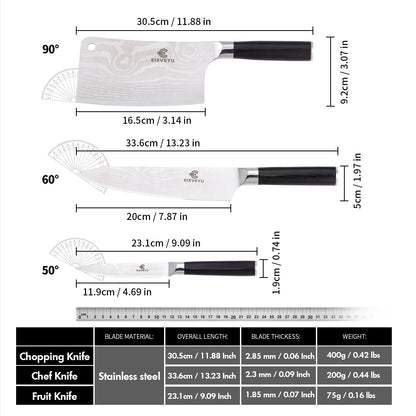 Kitchen knife set, butcher knife, chef's knife, and fruit knife 3-piece set, professional kitchen knife, Damascus pattern vegetable knife, meat knife, paring knife, wooden handle, gift box