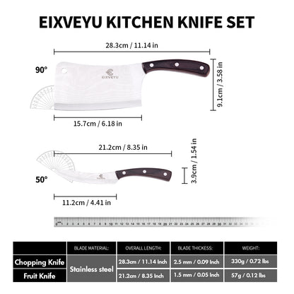 Kitchen knife set, butcher knife and fruit knife 2-piece set, professional chef's knife, kitchen knife, cleaver, Damascus pattern vegetable knife, paring knife, wooden handle, gift box